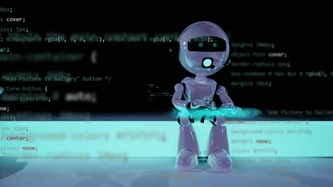 Siting robot on neon light with working on code programming web site on virt Stock Footage 233488016