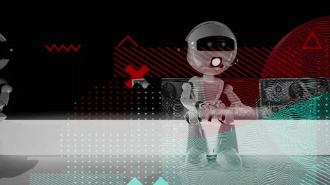 Siting robot writing keyboard with modern background texture and collage of  Stock Footage 237256359