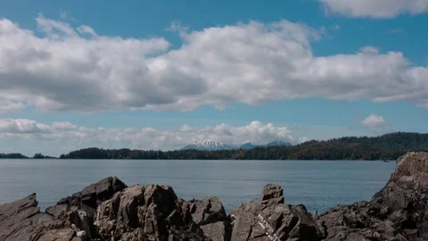 Sitka Harbor Timelapse with a Snow-Covered Volcano in the Background Stock Footage 302219145