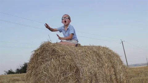 Sits the child on the hay in the field Stock Footage 78969554