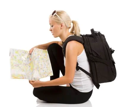 Sitting and looking on map Stock Photos