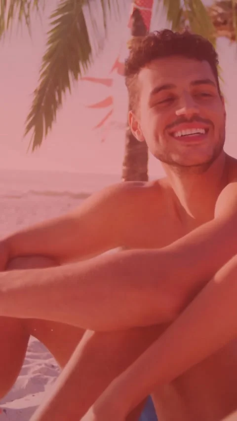 Sitting on beach, couple relaxing under palm tree with china flag animation Stock Footage 342813050