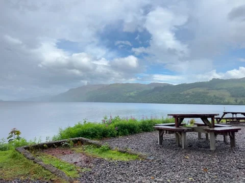 Sitting bench at loch ness Stock Footage 248761330