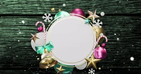 Sitting blank label surrounded by baubles, stars, snowflakes, candy canes  and  Stock Illustration