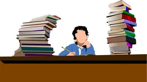 Sitting boy between book`s column. Back to school. Vector illustration Stock Illustration