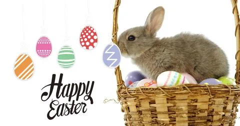 Sitting brown rabbit nesting eggs in basket at studio, ornaments, Happy Easter 스톡 사진