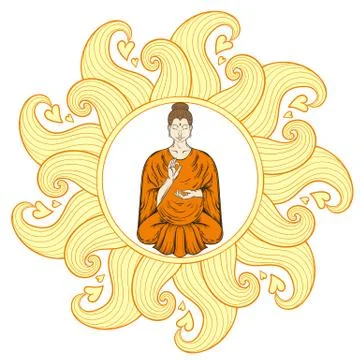 Sitting Buddha in Lotus pose in waves mandala, teaching Buddhism 스톡 일러스트