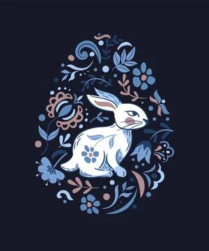 Sitting bunny. Happy Easter. Egg with botanical pattern. Mexican or Slavic folk Stock Illustration