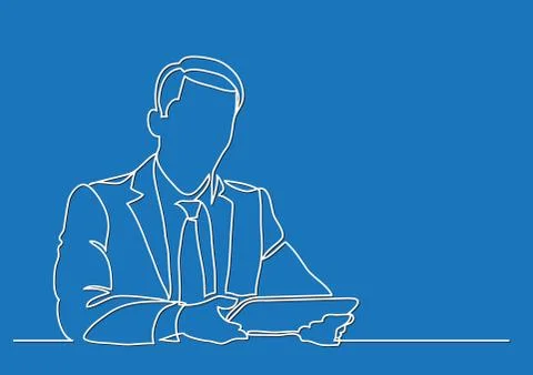 Sitting businessman with tablet - continuous line drawing Illustrazione stock