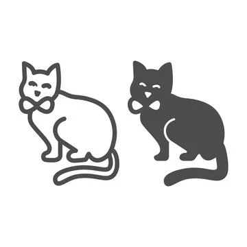 Sitting cat with bow, kitty line and solid icon, pets concept, kitten sits Illustrazione stock