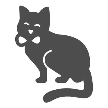 Sitting cat with bow, kitty solid icon, pets concept, kitten sits vector sign on Illustrazione stock
