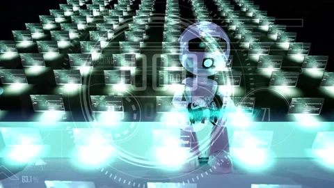 Sitting chatbot animation with hud interface keyboard front of him. Sit on n Stock Footage 238037442