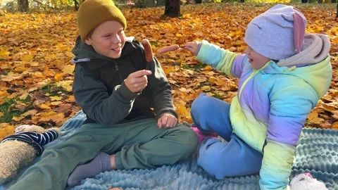 Sitting on a checkered blanket, a boy and a girl enjoy tasty sandwiches. Stock Footage 288587957