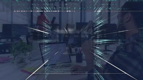 Sitting desk dev calling at laptop call starting code tunnel from laptop showing 스톡 동영상 335282597