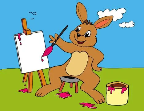 Sitting Easter bunny with easel and brush Scanned pen and ink drawing of a... Stock Photos