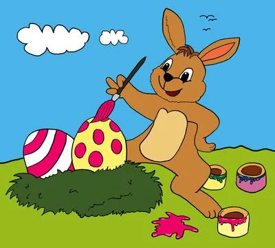 Sitting Easter bunny with easel and eggs Scanned pen and ink drawing of a ... Stock Photos