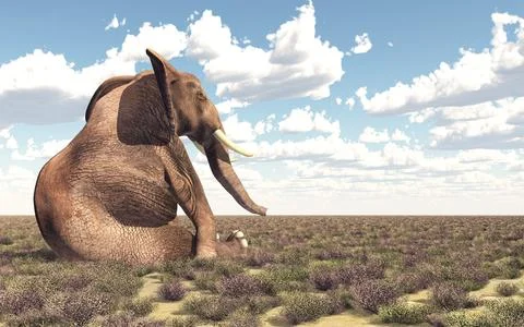 Sitting elephant in the savannah Stock Illustration