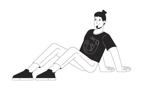 Sitting on floor man leaning back on hands black and white 2D line character Stock Illustration