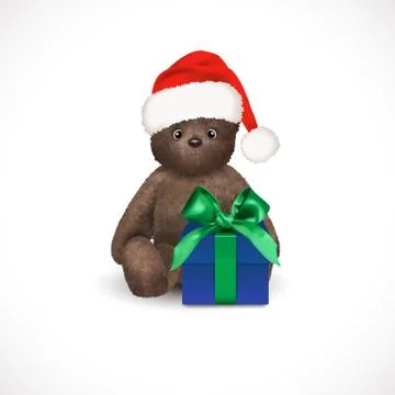 Sitting fluffy cute brown teddy bear with red christmas santa claus hat and blue Stock Illustration