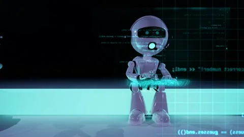 Sitting futuristic robot coding something on hud style keyboard. A.i. workin Stock Footage 232959846