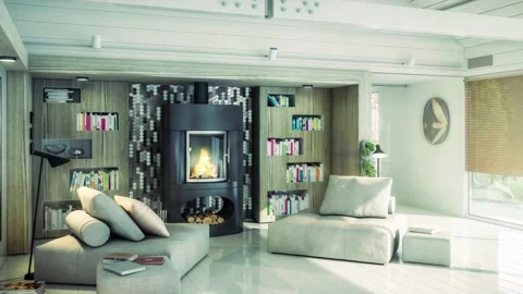 Sitting Group at Fireplace Inside a Villa - loopable 3d visualization Stock-Footage 156586514