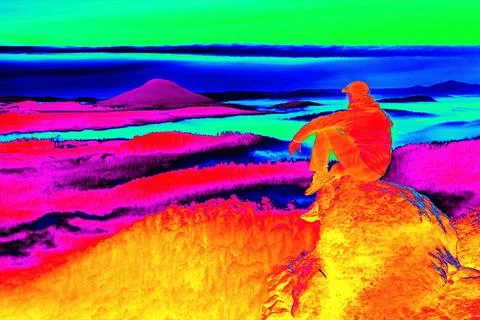 Sitting man on sharp rocky edge, enjoy amazing birds view. イラスト素材