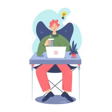 Sitting man works in a comfortable workspace. He is full of ideas and inspira Stock Illustration
