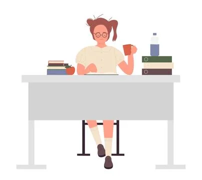 Sitting nerd girl at table Illustration