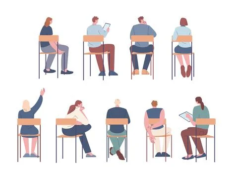 Sitting people on chairs, back view. Isolated sit adult, student on lecture or Stock Illustration