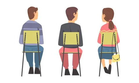 Sitting people set. View from behind of young men and woman sitting in chairs in Illustrazione stock