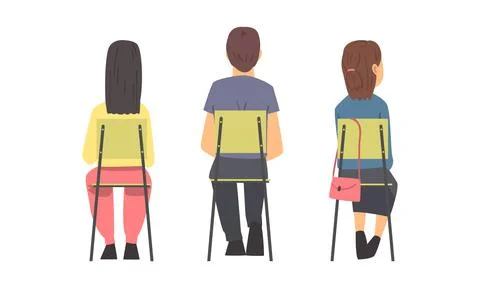 Sitting people set. View from behind of young people sitting in chairs in row 스톡 일러스트