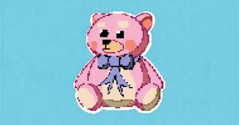 Sitting pixel-art teddy bear wearing blue ribbon bow on pastel light blue Stock Illustration