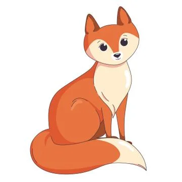 Sitting red fox with bushy tail on white background. Vector illustration in cute Stock Illustration