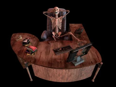 Sitting skeleton in office interior concept illustration Illustrazione stock