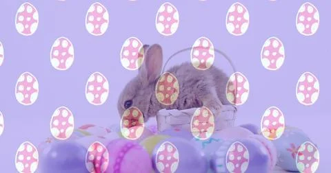 Sitting small brown rabbit on tabletop among whitewashed wicker basket, pastel Stock Photos