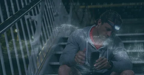 Sitting on stairs, man using digital device with animation of binary code Video stock 304768445