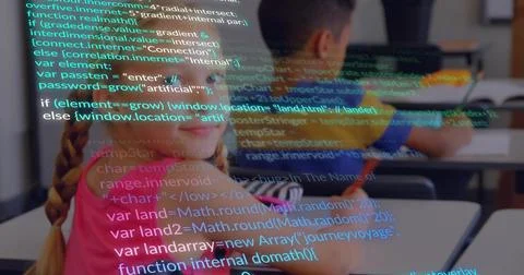 Sitting student with braid in pink top using laptop at classroom desk, code Stock Photos
