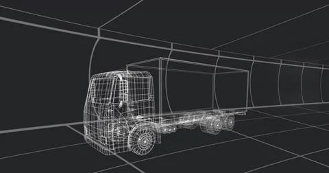 Sitting wireframe box truck model centered in curved tunnel, showing cargo bo Stockillustratie