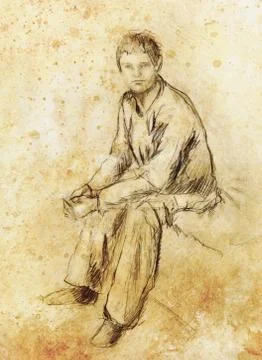 Sitting young man drawing, eye contact, paper background Stock Illustration