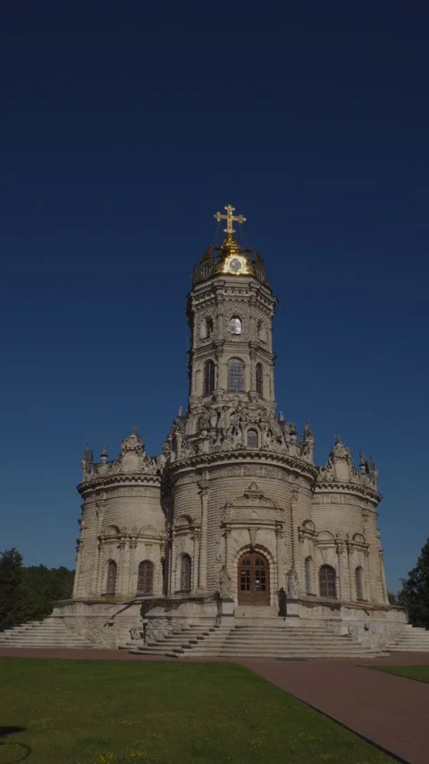 Situated under a clear blue sky, the historic Russian Orthodox Church Stock Footage 343510433