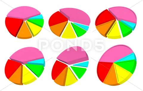 Six 3d pie graph with different colored segments Stock Illustration