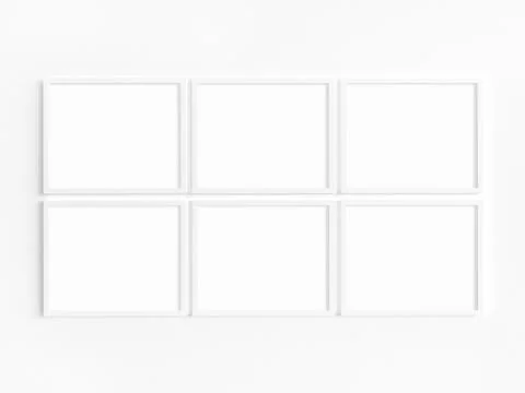 Six 8x10 white frames with landscape orientation on a light wall. Stock Photos