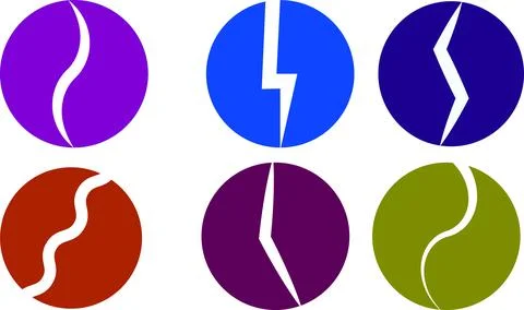 Six abstract circles with white wavy lines and lightning bolt shapes. 스톡 일러스트