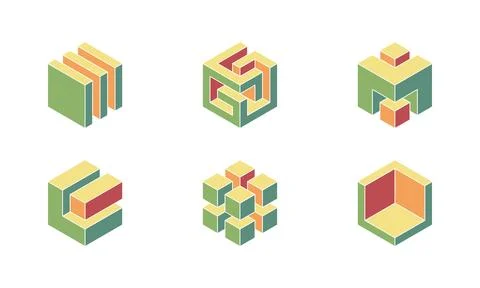 Six abstract isometric cube designs in muted greens, yellows, and reds.  Pe.. Stock Illustration
