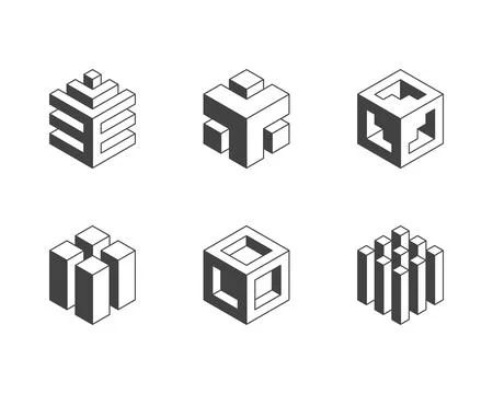 Six abstract isometric cube designs.  Modern, minimalist style perfect for br Stock Illustration