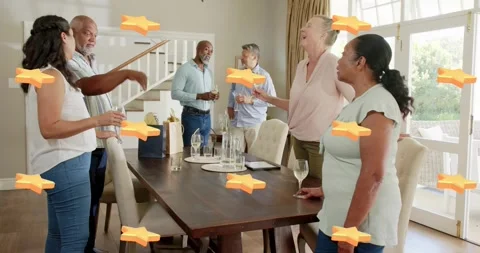 Six adults around dining table phone check sending icons over wine glasses 库存影片 322203772