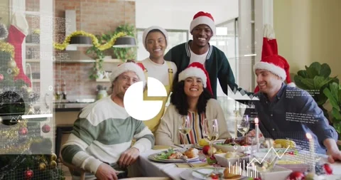 Six adults leaning in toasting at table, cloud icon driving holiday tech Stock Footage 321889929
