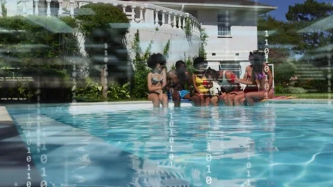 Six adults on pool edge tapping phone, starting tech overlay hiding view then Stock Footage 333837886