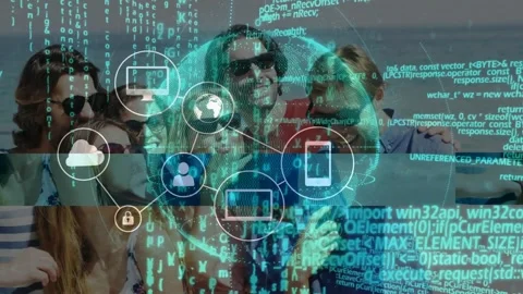 Six adults posing for selfie on beach, phone activating glowing globe, tech Stock Footage 332428515