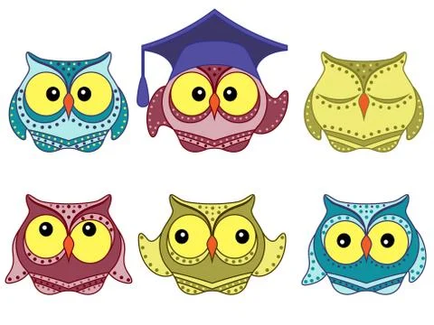Six amusing colorful owls Stock Illustration